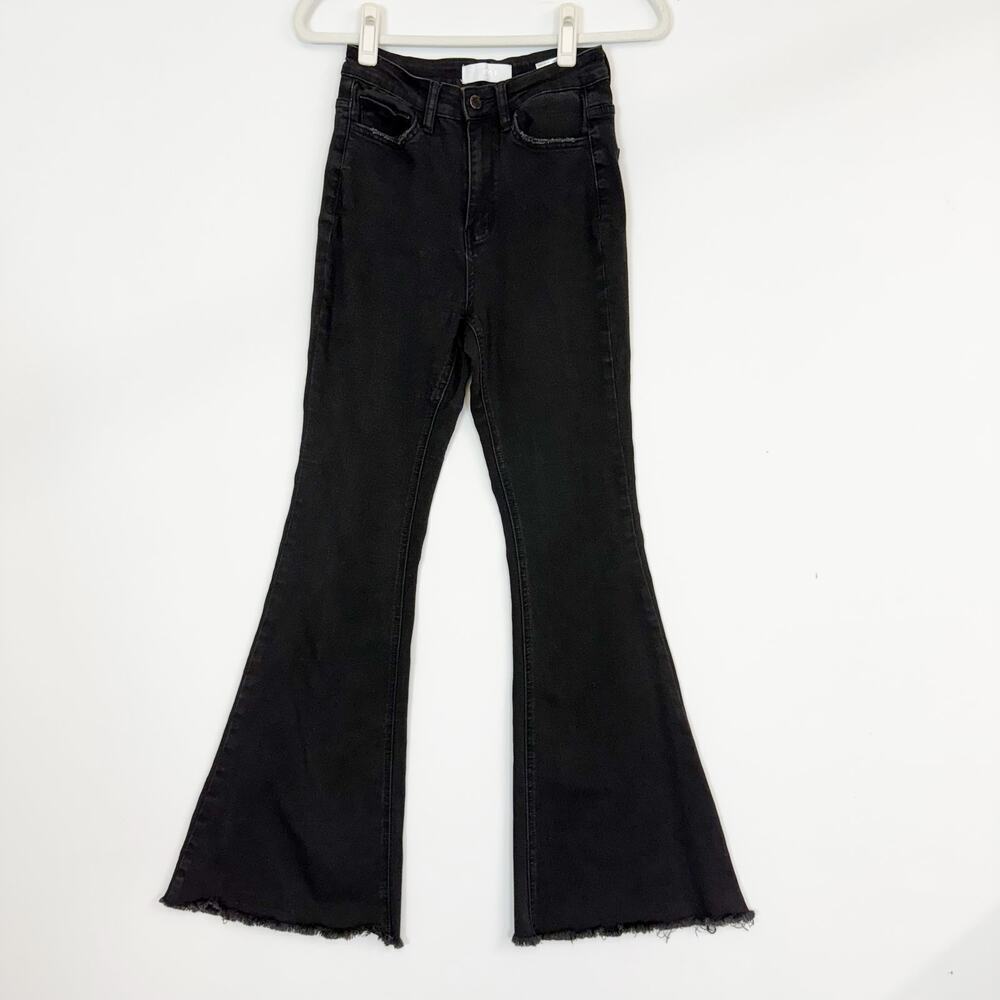 Verve Blue High Waisted Flare Jeans in Black Frayed Hem Women's 25
